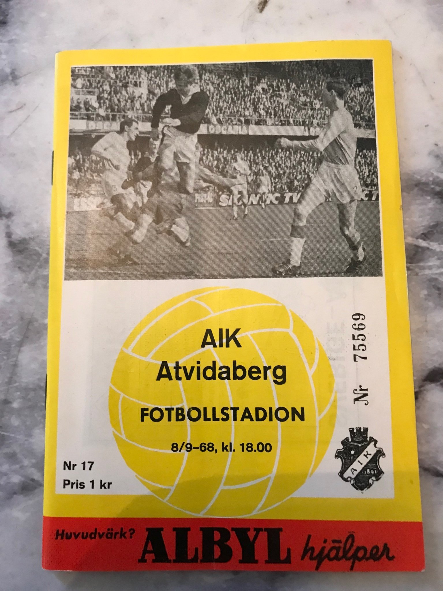 Sunday 8 September 1968, kl 18:00  AIK - Åtvidabergs FF 2-0 (0-0)  Råsunda Fotbollstadion, Solna