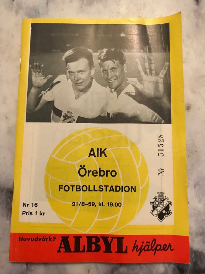 Thursday 21 August 1969, kl 19:00  AIK - Örebro SK 2-2 (0-1)  Råsunda Fotbollstadion, Solna