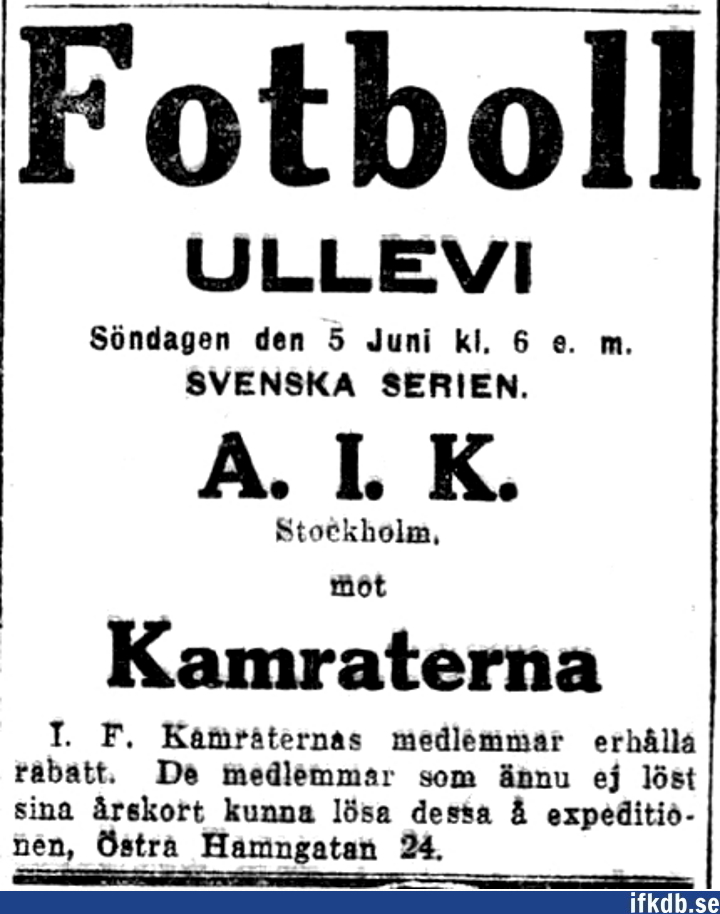Sunday 5 June 1921, kl 18:00  IFK Göteborg - AIK 3-1 (1-1)  Gamla Ullevi, Göteborg